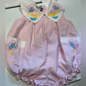 Pink seersucker romper bubble with butterfly appliqué size 12mo